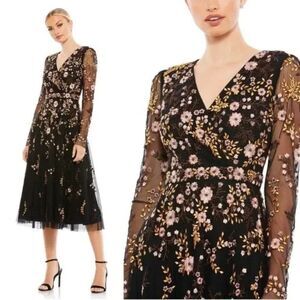 Mac Duggal 35103 Size 12 Black Floral Embroidery Long Sleeve Cocktail Midi Dress